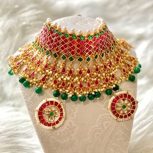 Red and green Kundan White Gold Alloy Necklace Sets with ear rings